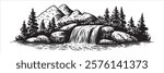 mountain waterfall with rocks and pine forest in black and white hand-drawn style