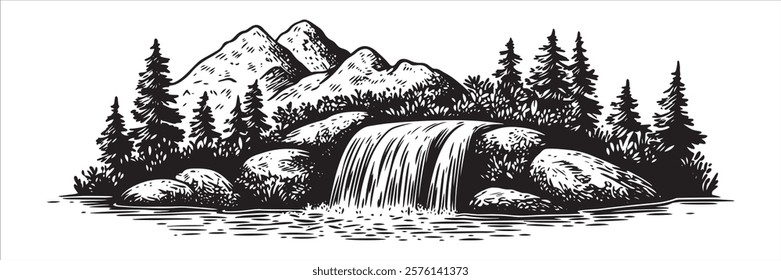 mountain waterfall with rocks and pine forest in black and white hand-drawn style