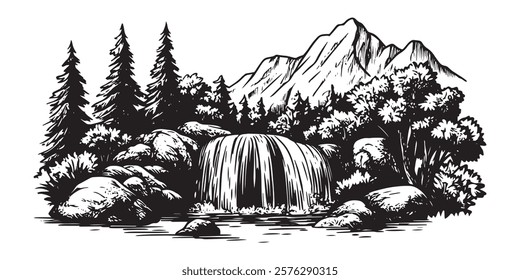 mountain waterfall surrounded by trees and rocks hand-drawn black and white illustration