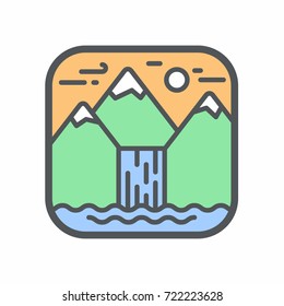 Mountain Waterfall. Vector Icon.