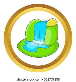 Mountain waterfall vector icon in golden circle, cartoon style isolated on white background
