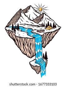 Mountain And Waterfall Vector Illustration