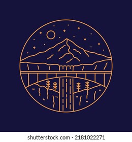 A Mountain and waterfall view with bridge a cross in mono line art vector design