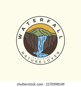 mountain and waterfall with vintage and emblem style logo icon template design. nature, outdoor, vector illustration