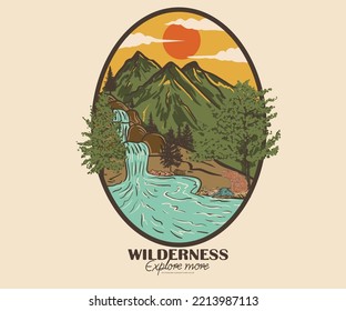 Mountain waterfall with wild lake graphic print design. Wild outdoor artwork for apparel, sticker, batch, background, poster and others.