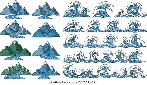Conjunto de iconos de montaña y olas con ríos y crestas onduladas para naturaleza, paisaje, agua y contenido de diseño ambiental