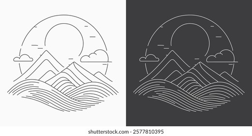 Mountain wave line art illustration. Minimalist vector artwork featuring contemporary backgrounds and awe-inspiring mountain landscapes