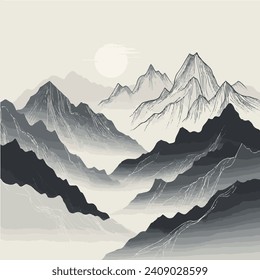 
Mountain Wave Line Art Print. Abstrakte Vektorgrafiken mit modernen ästhetischen Hintergründen beleuchten atemberaubende Bergblicke.