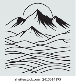 Mountain Wave Line Art Print. Unique Abstract Vector Designs Presenting Aesthetic Backdrops, Emphasizing the Beauty of Majestic Mountain Vistas.