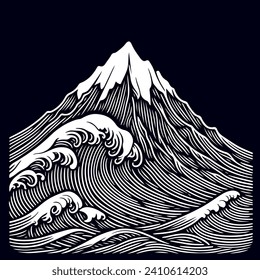 Mountain Wave Line Art Print. Unique Abstract Vector Designs Presenting Aesthetic Backdrops, Emphasizing the Beauty of Majestic Mountain Vistas.