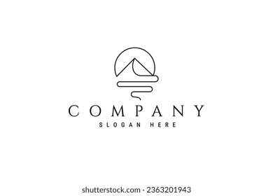 mountain and wave logo with sun background illustration in line design style