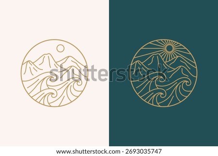 Mountain Wave Sun Abstract Logo with Linear Art Style