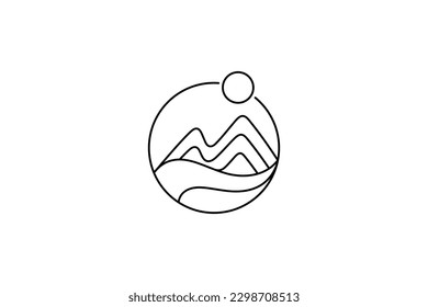 mountain and waves simple line style logo in circle frame