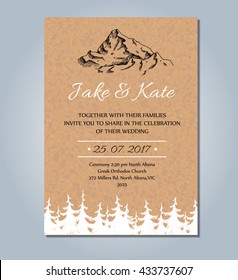 Mountain Wedding Invitation. Vector Rustic Card Template. Wedding Card Sketch Illustration With Mountain And Pinecone Tree Forest.