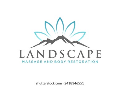 Mountain wellness logo design, rocky peak with lotus flower element, massage spa identity.