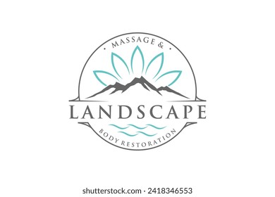 Diseño del logo de Mountain wellness, pico rocoso con flor de loto, identidad spa de masaje.