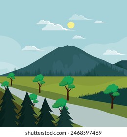 A mountain where there is a long road that stretches on either side in the form of thick bushes, grass and trees