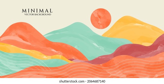 Mountain and white line arts background vector. Watercolor background vector. Mountain landscape wallpaper design for cover, invitation background, packaging design, fabric, and print.