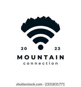 Mountain and wifi connection signal logo design concept. Outdoor adventure network vector illustration