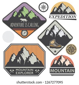 Mountain wild adventure signs or stamps set, vector illustration