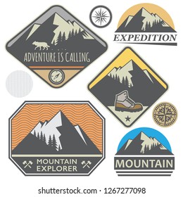 Mountain wild adventure signs or stamps set, vector illustration