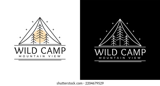 Mountain wild camp logo. Pine evergreen fir pinus tree forest. Simple line art logo vector.