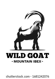 Mountain Wild Goat, Ibex logo, emblem design. Vector illustration black & white. One color.