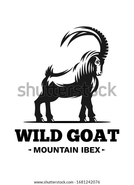 Mountain Wild Goat, Ibex logo,\
emblem design. Vector illustration black & white. One\
color.