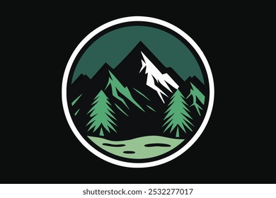 o design da natureza selvagem das montanhas apresenta uma vista estilizada de picos cobertos de neve e pinheiros, criando um símbolo perfeito da exploração alpina e da aventura ao ar livre. Ideal para camisetas, ilustração Vetor