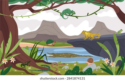 Mountain wilderness landscape with river and vegetation, vines and trees, shrubs and grass. Turtle, crocodile and iguana, frog and snakes, salamander and snail. Vector natural wildlife habitat