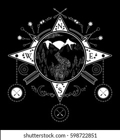 Mountain wind rose compass tattoo art. Travel, adventure, outdoors, meditation symbol. Road in the mountains 