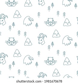 Mountain winter animals scandinavian simple outline style. Forest alpine fauna seamless pattern