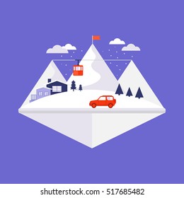 Mountain winter design concept background. Illustration vacation in the mountains. Collection of elements: mountain, car, house, funicular railway, tree. Template for background, banner, card.