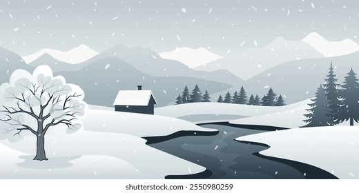 Berglandschaft, Cartoon Natur, Hütte und Schneefall, winterlicher Fluss in den Schneeverwehungen, Vektorgrafik