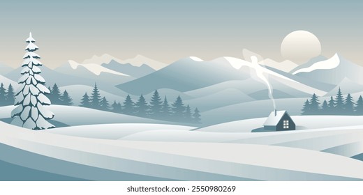 Berglandschaft, Cartoon Natur, Hütte und Schneeverwehungen, Sonnenuntergang, Vektorgrafik