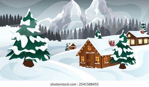 Paisaje de invierno de montaña con acogedoras cabañas de madera, chimeneas humeantes y árboles cubiertos de nieve: fondo de dibujos animados nevados