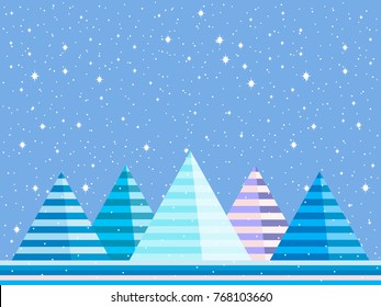 Mountain winter landscape is flat style. Christmas, snow-covered background. Vector illustration