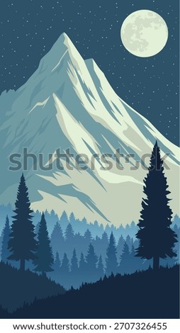 Mountain in winter landscape with forest at night