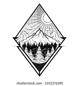 Mountain winter landscape with forest on the background of the sun. Hand drawn vintage vector Dotwork Illustration. Graphic sketch for poster, clothes, design. December 11th. Black tattoo.