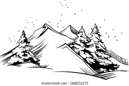 Mountain winter landscape illustration. Vector background concept hand drawn sketch