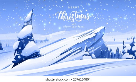 Mountain winter landscape with snowy trees. Merry Christmas hand lettering text. Vector illustration