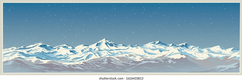 Mountain winter landscape with white peaks of mountains of panoramic and background type.