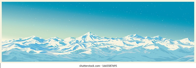 Mountain Winter Landscape With White Peaks Of Mountains Of Illustration Of A Panoramic Type.