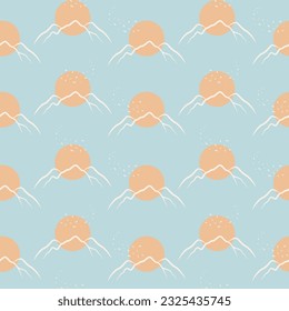 Paisaje de invierno de montaña con picos blancos sin fisuras. Moderno fondo boho con amanecer en las montañas. Para papel de envoltura, impresión de tela, papel pintado