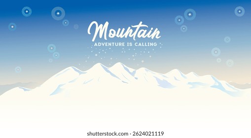Mountain winter landscape with white peaks of mountains and the stars in the clear sky - illustration of a panoramic type.