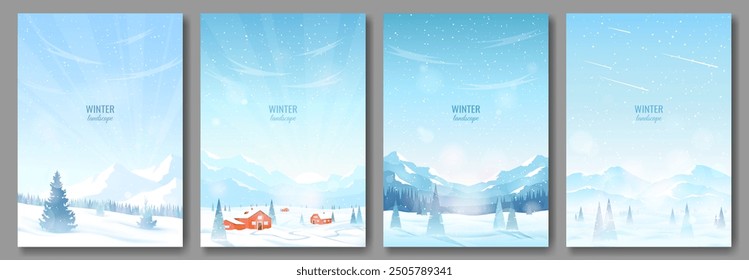 Mountain winter landscapes. Country houses in the mountains, hills in snowdrifts, mountain peaks covered with snow. The concept of winter tourism, hiking, active winter recreation. Vector images.