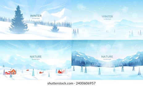 Mountain winter landscapes. Mountain ranges and coniferous forest, fir trees in snowdrifts, clear blue sky, sunny day. The concept of tourism, active recreation in winter, hiking. Vector illustration.