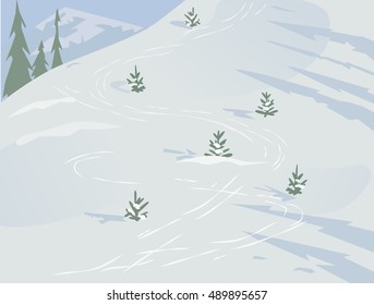 Mountain winter scene landscape concept. Outdoor background with snow hill, skiing trace. Daylight snowy valley scenic view. Flat design for sport resort banner. Cartoon style. Vector Illustration