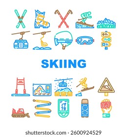 mountain winter skiing resort icons set vector. skiing, resort, mountain snow, slopes, chalet, lift, piste, powder, lodge, snowboard mountain winter skiing resort color line illustrations