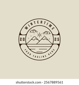 mountain at winter time logo line art vector simple minimalist illustration template icon graphic design. adventure or wildlife concept sign or symbol for nature with circle badge typography concept